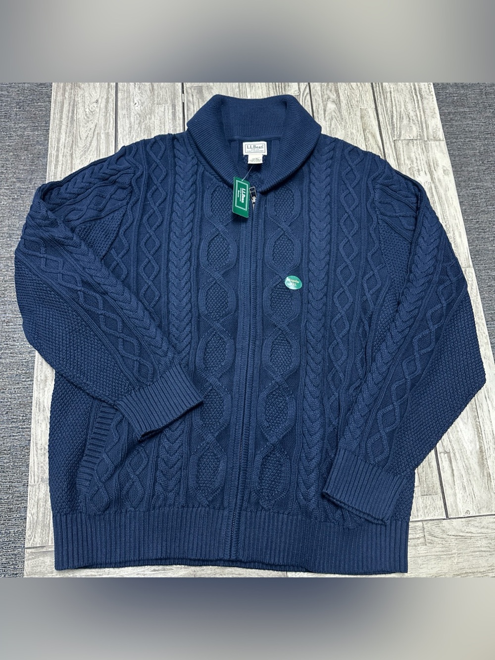 NWT LL Bean Navy Heritage Fisherman Chunky Cable Knit Sweater 2XL Full Zip Cozy